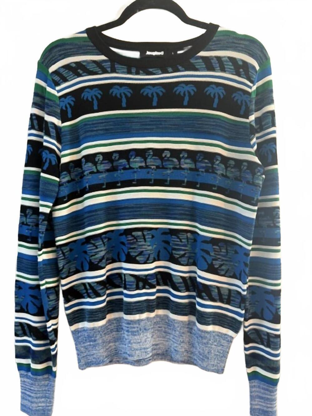 NEW DESIGUAL women's jers long sleeve sweater in blue/white/green